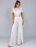 Elegant Lace Button-Front Top & Wide-Leg Pants Set
