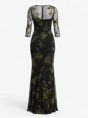 Elegant Floral Velvet Jacquard Mesh Maxi Dress