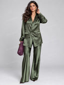 Satin Double Breasted Blazer & Wide Leg Pants Two Piece Set