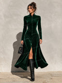 Retro Velvet High Neck Button Front Maxi Dress