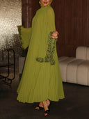 Elegant Pleated Floral Cuff Maxi Dress
