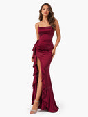 Elegant Satin Ruched Ruffle Slit Maxi Dress