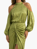 Elegant Satin Off-Shoulder Twist Front Slit Maxi Dress