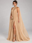 Pleated Cape High Neck Slit Maxi Dress