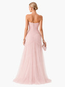 Elegant Pink Strapless Pleated Tulle Maxi Dress