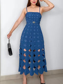 Elegant Geometric Cutout Spaghetti Strap Midi Dress