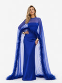 Elegant Feather Trim Chiffon Shawl Black Satin Maxi Dress