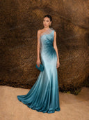 Elegant Gradient One-Shoulder Tulle  Satin Maxi Dress