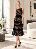 Elegant Flocked Floral Sheer Midi Dress