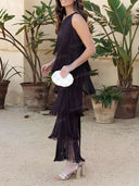 One Shoulder Tiered Fringe Maxi Dress