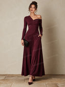 Asymmetric Off Shoulder Ruched Long Sleeve Maxi Dress