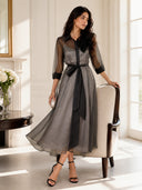 Elegant Sheer Organza Overlay Tie-Waist Midi Dress