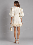 Elegant 3D Floral Hem Puff Sleeve Mini Dress