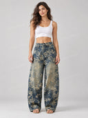 Floral Print Washed Denim Barrel Leg Jeans