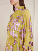 Elegant High Neck Flocked Floral Tie-Waist Kaftan Dress