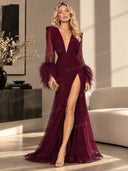Feather Design Front Slit Maxi Dress
