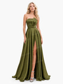 Elegant Strapless Pleated High-Slit Satin Maxi Dress