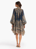 Elegant Vintage Print High Neck Flowy Mini Dress