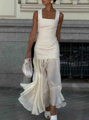 Elegant Faux Leather Ruffle Hem Maxi Dress