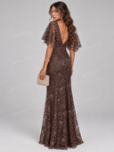 Elegant Floral Lace Mesh Flutter Sleeve Maxi Dress