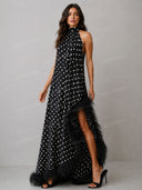 Elegant Polka Dot Halter Feather Trim Maxi Dress