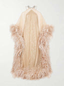Luxury Sequined Feather Trim Cape Sleeve Maxi Dress