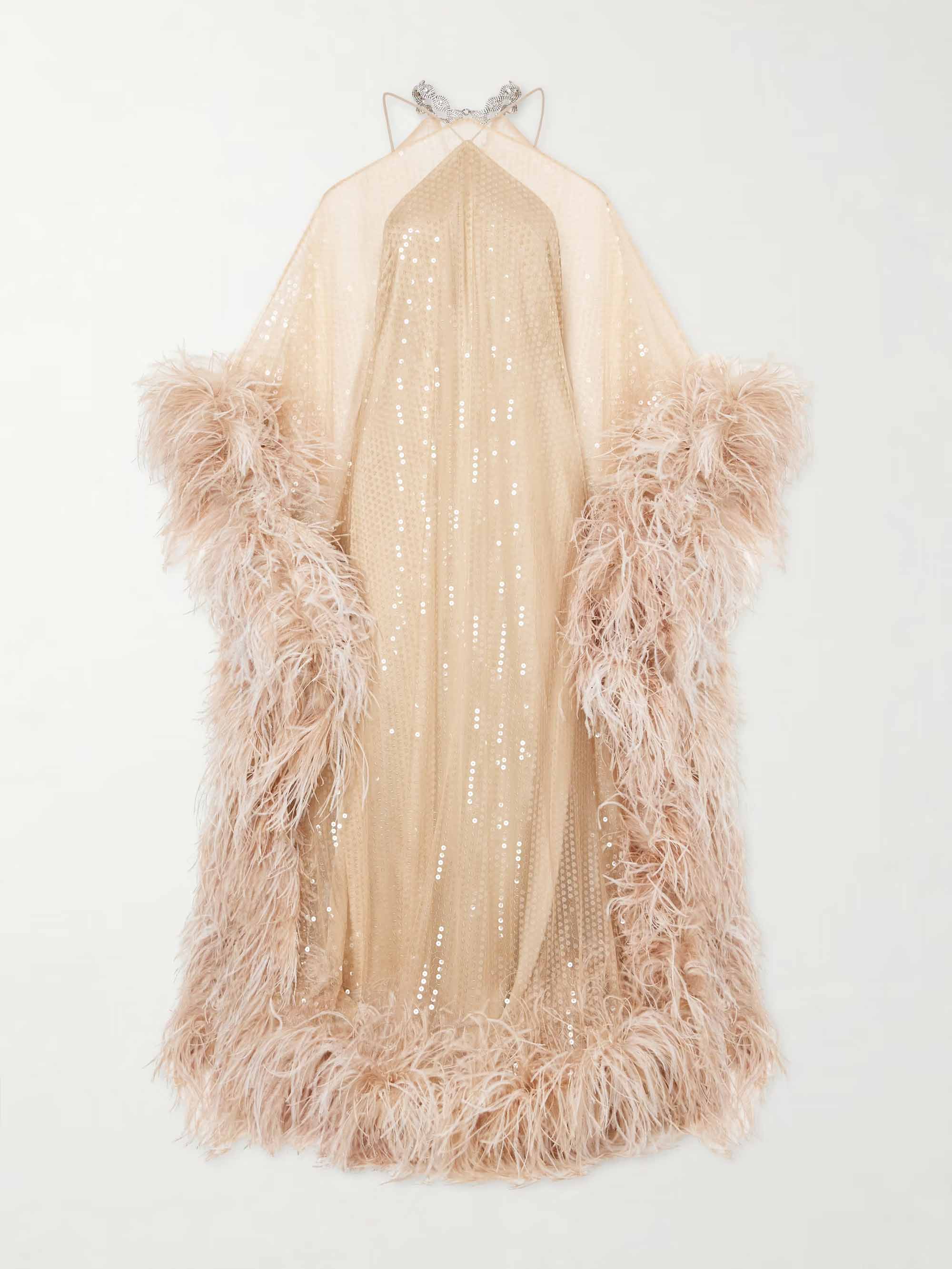 Luxury Sequined Feather Trim Cape Sleeve Maxi Dress
