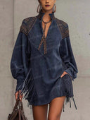 Retro Western Embroidered Fringe Mini Dress