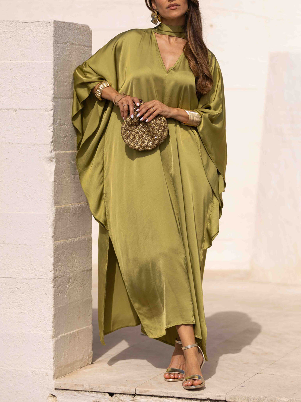 Elegant Satin Choker Neck Batwing Sleeve Kaftan Maxi Dress
