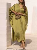 Elegant Satin Choker Neck Batwing Sleeve Kaftan Maxi Dress