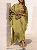 Elegant Satin Choker Neck Batwing Sleeve Kaftan Maxi Dress