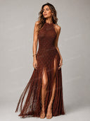 Sexy Crochet Halter Neck Fringe Maxi Dress