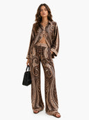 Retro Paisley Print Satin Shirt & Wide-Leg Pants Two-Piece Set