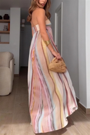 Multi-Colored Striped Strapless Maxi Dress