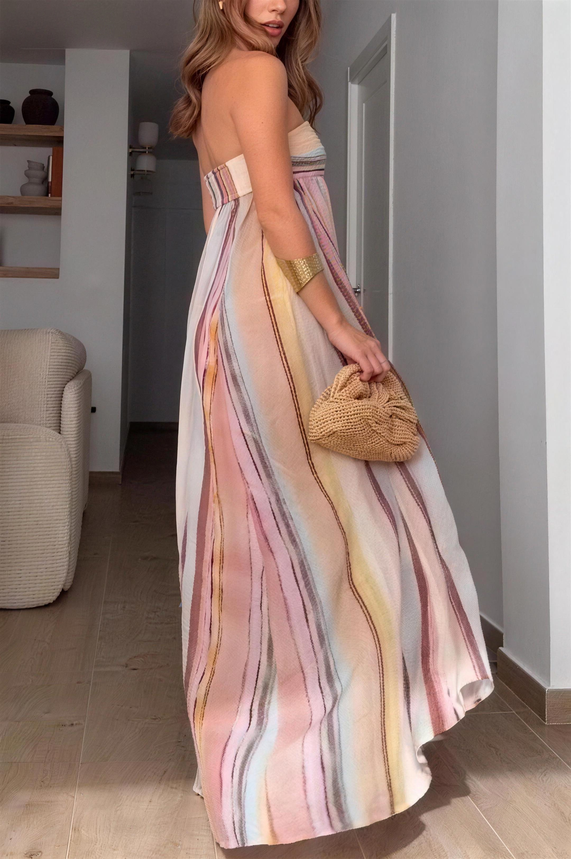 Multi-Colored Striped Strapless Maxi Dress