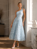Elegant One Shoulder 3D Butterfly Veil Midi Dress
