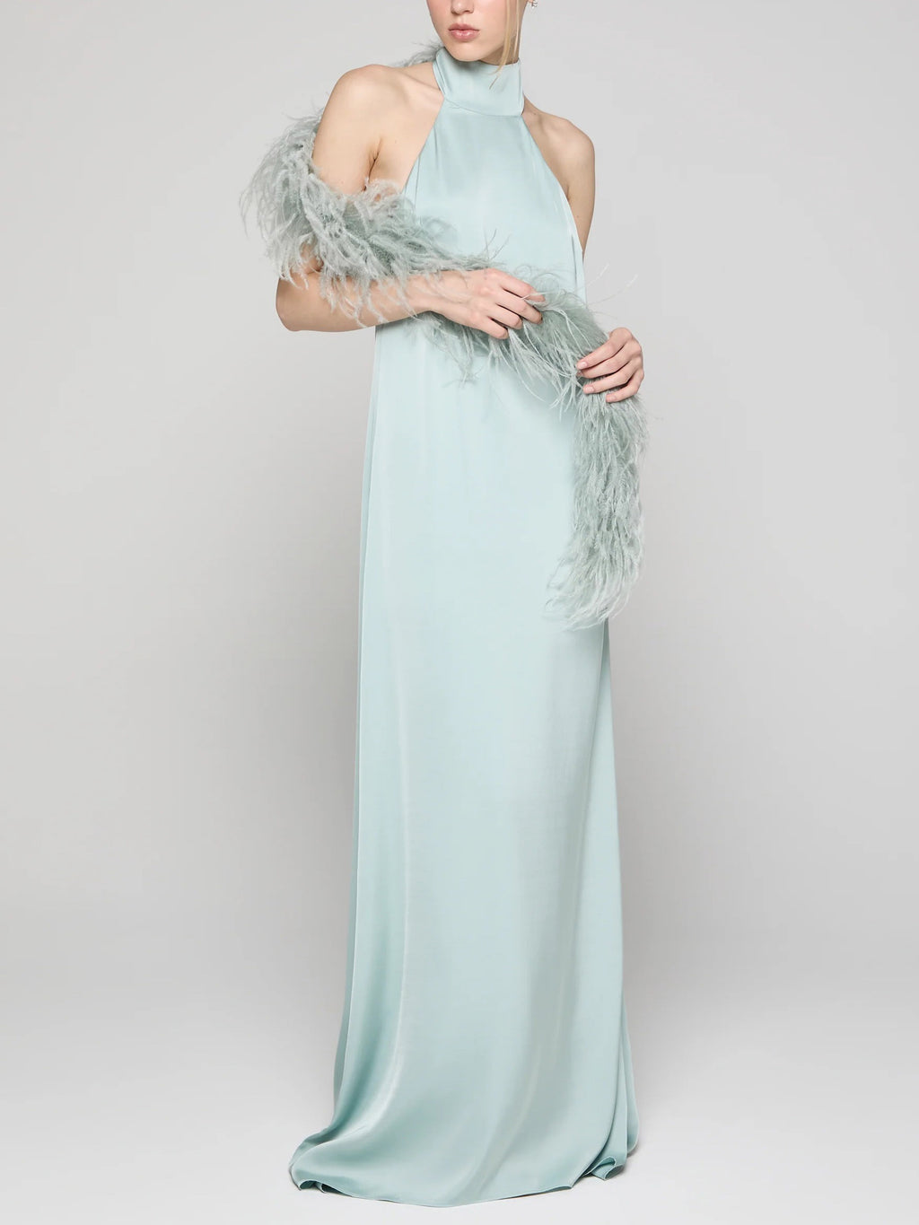 Elegant Satin Halter Feather-Trim Maxi Dress