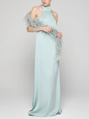 Elegant Satin Halter Feather-Trim Maxi Dress