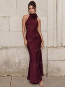 Elegant Halter Neck Rose Detail Maxi Dress