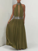 Elegant Halter Neck Sequin Chiffon Maxi Dress