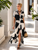 Exquisite Irregular Geometric Print Lapel Single-Breasted Short-Sleeved Maxi Shirt Dress