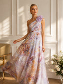Elegant One-Shoulder Floral Print Chiffon Maxi Dress