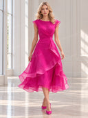 Elegant Organza Pleated Waist Ruffle Midi Dress