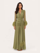 Elegant V-Neck Feather Cuff Flowing Chiffon Maxi Dress