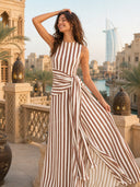 Elegant Striped Sleeveless Tie-Waist Maxi Dress
