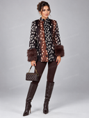 Elegant Animal Print Feather Trim Jacket