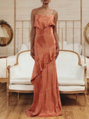 Elegant Satin Ruffle Trim Strapless Maxi Dress