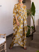 Elegant Floral Print Draped Kaftan Maxi Dress