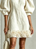Elegant 3D Floral Hem Puff Sleeve Mini Dress