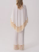 Elegant Fringe Trim Poncho Top & Straight Leg Pants Two-Piece Set